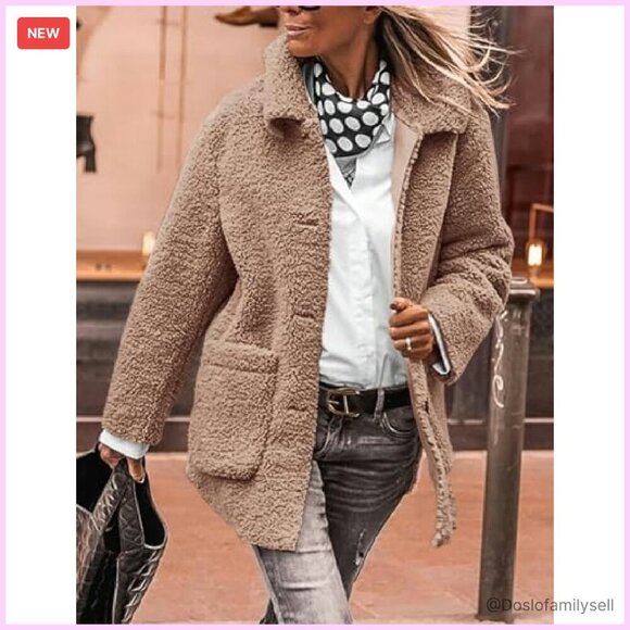 Faux Fur Sherpa Jacket Lapel Button Down Pockets Cozy Chic Outerwear - Picture 7 of 8